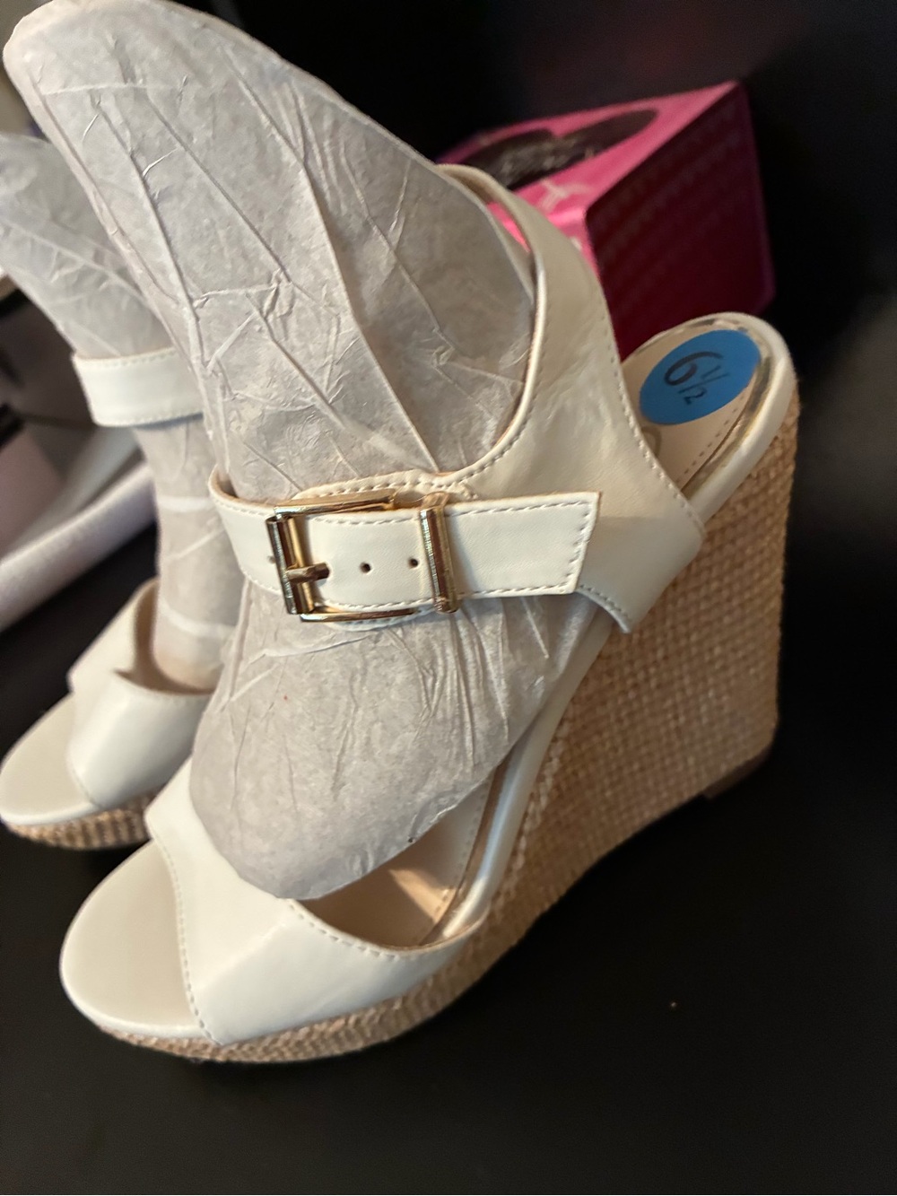 NWT Jessica Simpson Cream Wedge Sandals with Gold Buckle